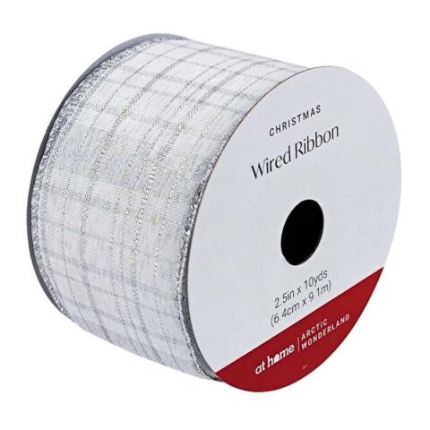 10-Yard White & Silver Plaid Ribbon, 2.5", Gold, Fabric, sold by At Home