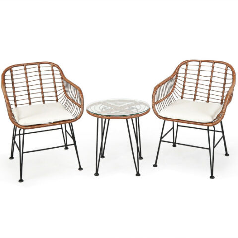 3 Pieces Patio Rattan Bistro Set with Cushion-White