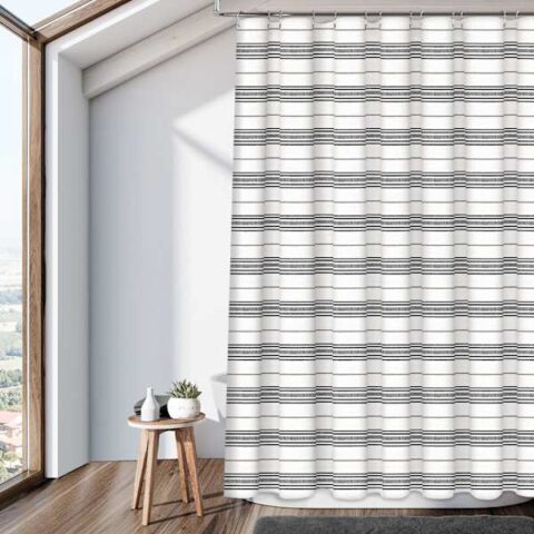 13-Piece Black Stripe Print Shower Curtain Set, Polyester