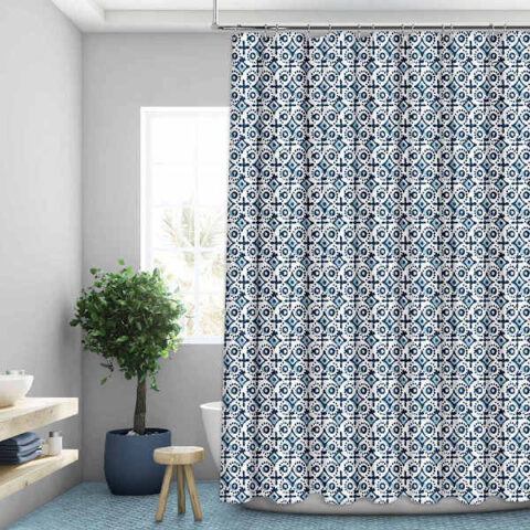 13-Piece Blue Damask Shower Curtain Set, Polyester