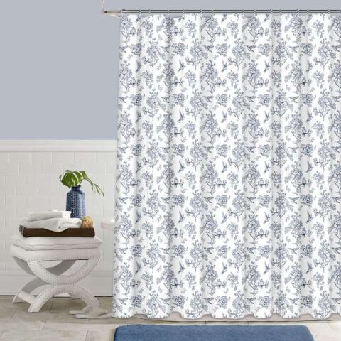 13-Piece Blue Hummingbird Toile Shower Curtain Set, Polyester