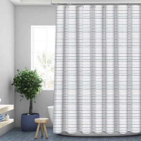 13-Piece Blue Stitched Print Shower Curtain Set, Polyester