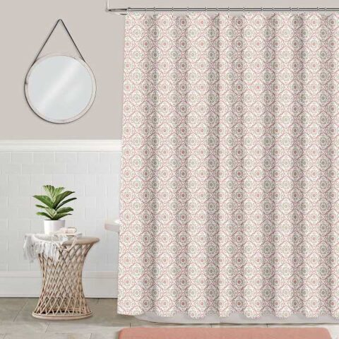 13-Piece Coral Barcelona Tile Shower Curtain Set, Pink, Polyester