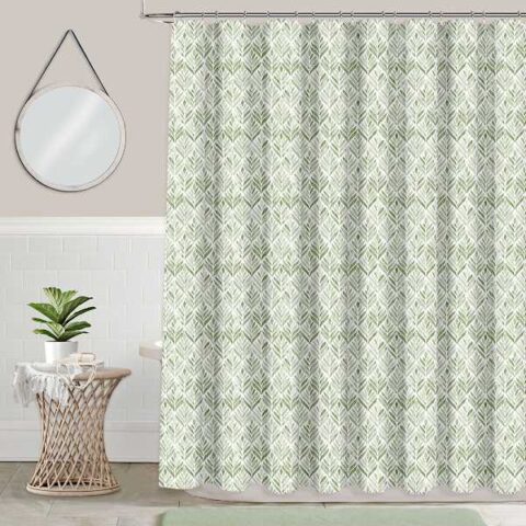 13-Piece Green Feather Leaves Shower Curtain Set, Polyester