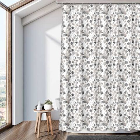 13-Piece Grey Leaves Print Shower Curtain Set, Polyester