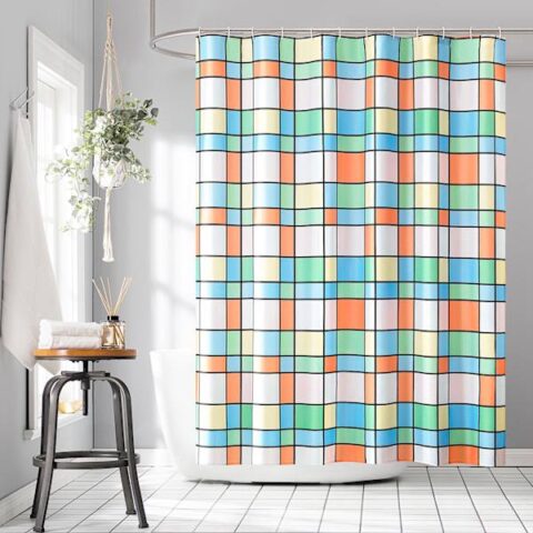 13-Piece Multicolor Retro Grid Shower Curtain Set, Polyester