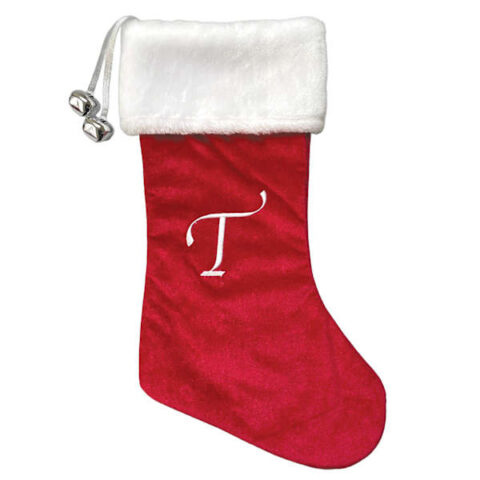 20" Red Velvet Monogram Stocking, T, Fabric, sold by At Home