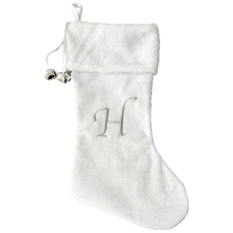 20" White Velvet Monogram Stocking, H, Fabric, sold by At Home
