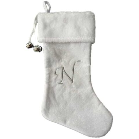 20" White Velvet Monogram Stocking, N, Fabric, sold by At Home