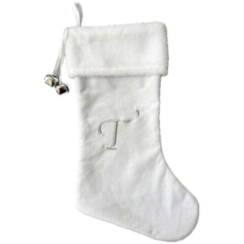 20" White Velvet Monogram Stocking, T, Fabric, sold by At Home