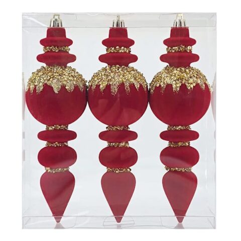 3-Count Red Flocked Finial Ornaments, 7.5", Plastic, sold by At Home