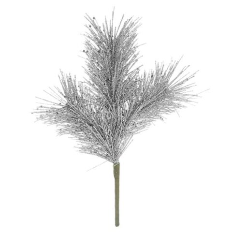 3-Head Silver Glittered Pine Pick, 11", Plastic, sold by At Home