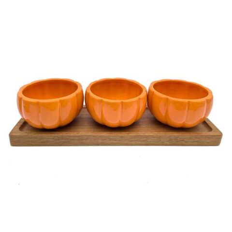 3 Orange Pumpkin Shaped Bowls On Wooden Board, Ceramic, sold by At Home