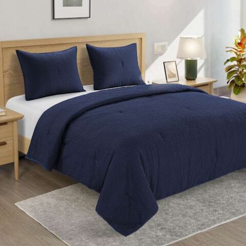 3-Piece Navy Blue Washed Waffle Cotton Quilt Set, King, sold by At Home