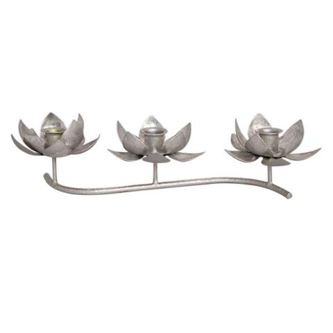 3-Taper Silver Lotus Candleholder, 15", Metallic, Glass, sold by At Home