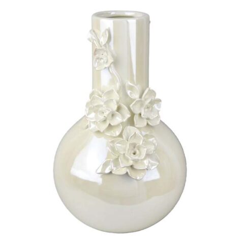 3D White Floral Applique Vase, 12", Ceramic, sold by At Home