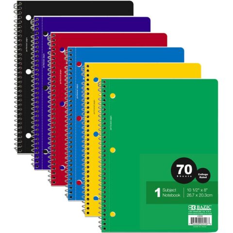 College Ruled Spiral Notebook – 70 Sheets 6 Colors 1 Subject