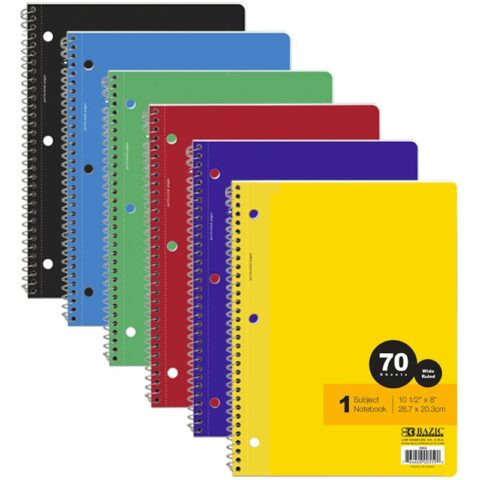 1 Subject Spiral Notebooks – Wide Ruled 70 Sheets