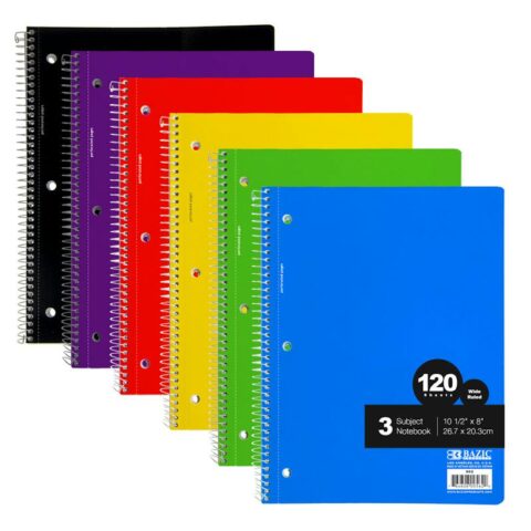 3 Subject Spiral Notebooks – Wide Ruled 120 Sheets 6 Colors
