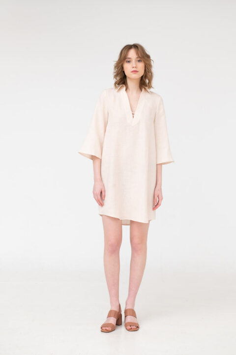 Alexa – V-neck Linen Mini Dress | Size: M | Color: Seashell