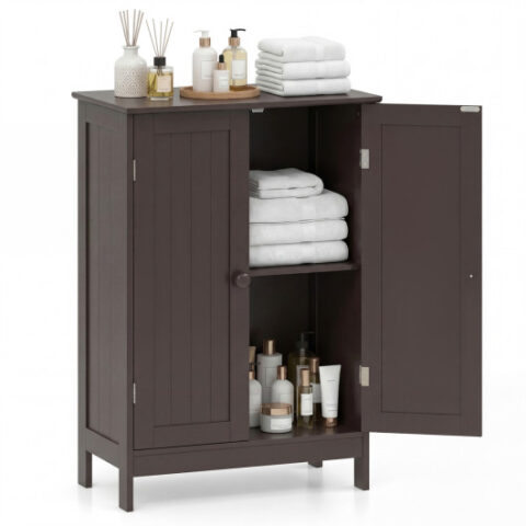 Bathroom Floor Storage Double Door Cupboard Cabinet-Brown