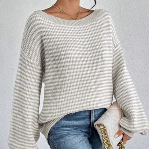 Boho Striped Slash Neck Lantern Sleeve Sweater