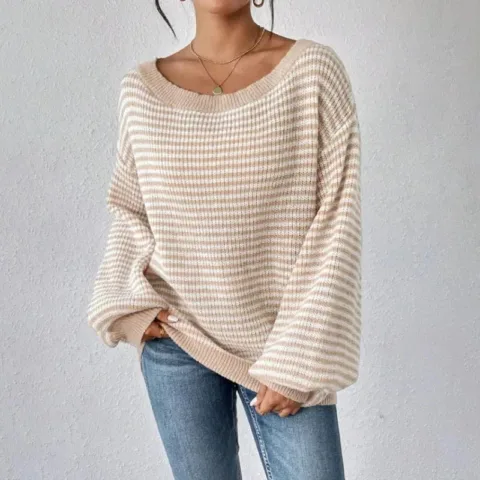 Boho Striped Slash Neck Lantern Sleeve Sweater