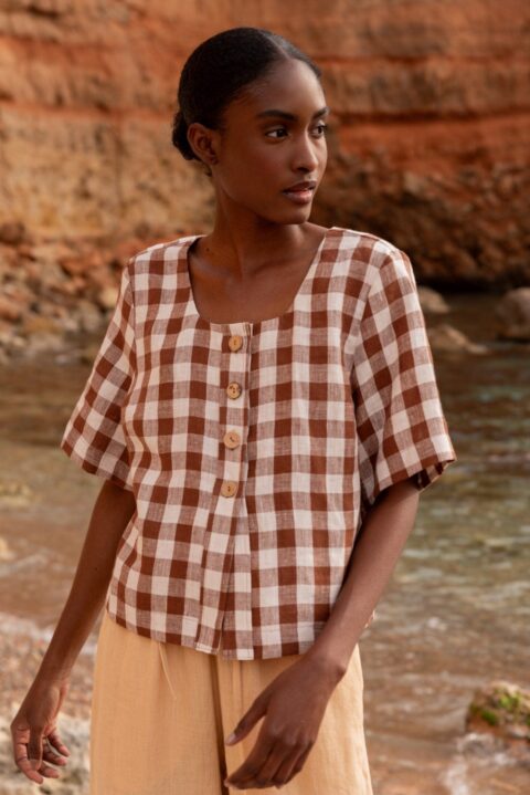 Maeve button linen top in Mocha Gingham | Size: M