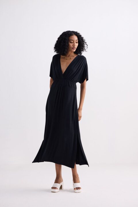 Flowy A-Line Maxi Dress with Side Slits in Black | Color: Black | Size: S