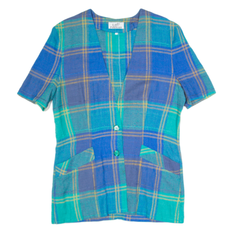 LADY FASHION Womens Jacket Dress Blue 90s Check Short Sleeve Short S