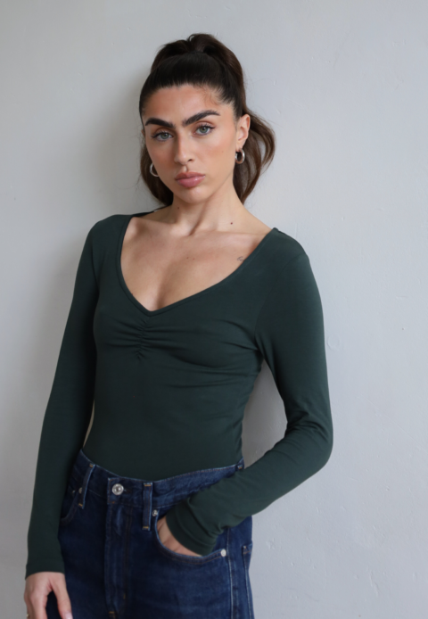Organic Cotton Long Sleeve Sweetheart Bodysuit, Forest Green | Size: L