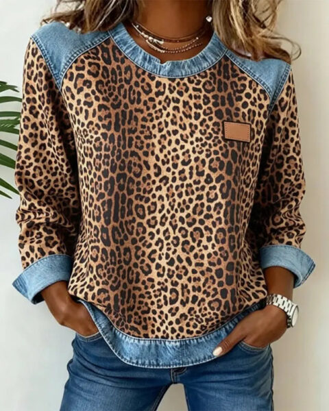 Leopard Print Patchwork Denim Sweater