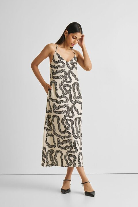 Midi Slip Dress in Black Stripes | Color: Maze | Size: XS