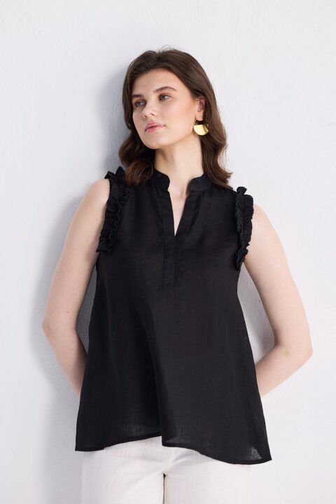 Sleeveless Hemp Top with Ruffles in Black | Color: Black | Size: XS