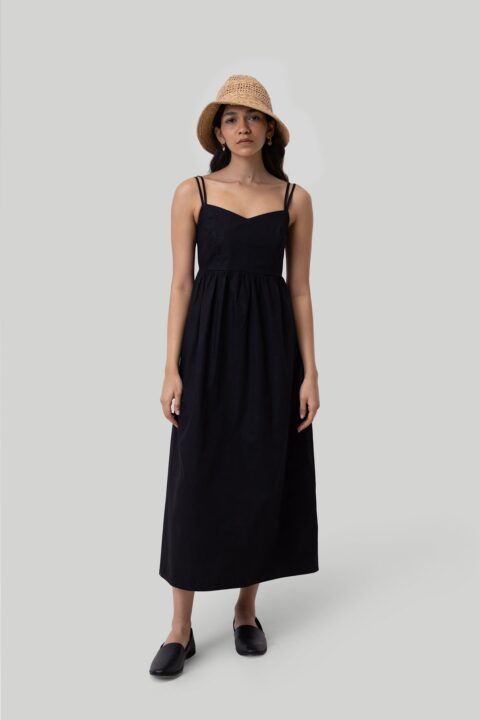 Strappy Gathered Midi Dress in Black | Color: Black | Size: S