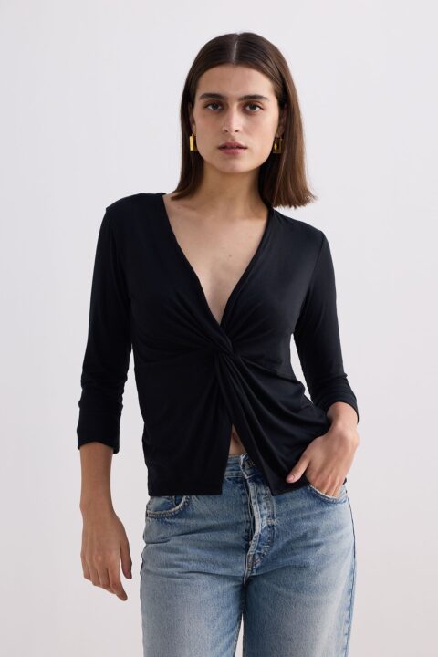 Twist Front Knit Shirt in Black | Color: Black | Size: 2XL