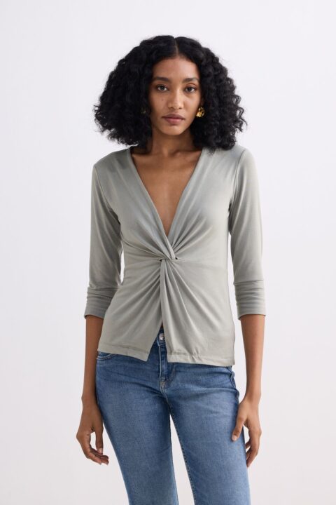 Twist Front Knit Shirt in Light Olive | Color: Frost & Mist | Size: M