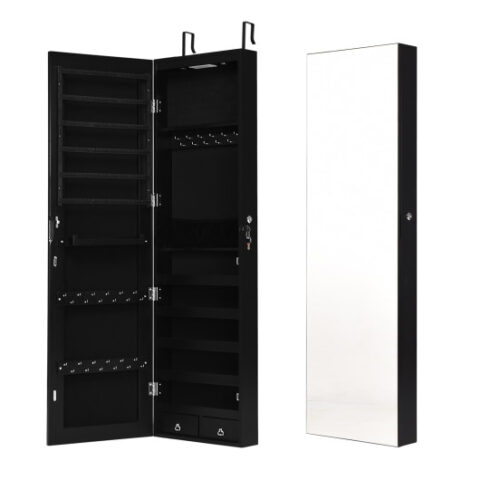 Wall and Door Mounted Mirrored Jewelry Cabinet with Lights-Black