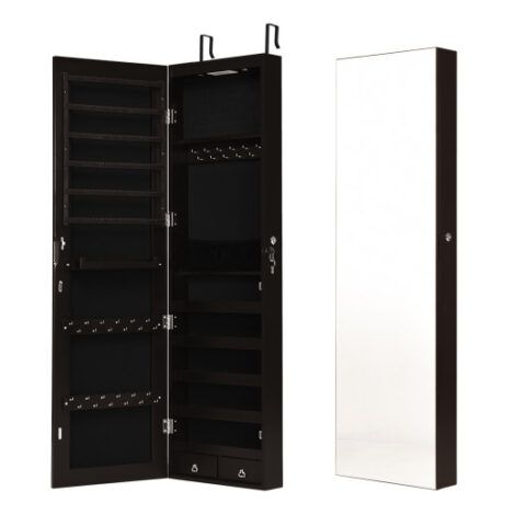Wall and Door Mounted Mirrored Jewelry Cabinet with Lights-Brown