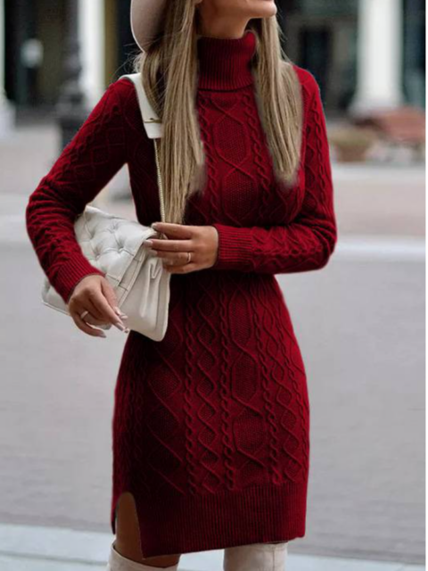 Women Turtleneck Sweater Solid Color Slit Knitted Sweater Dress