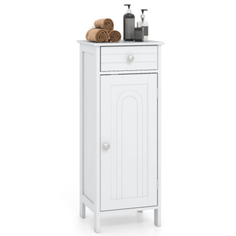 Wooden Storage Free-Standing Floor Cabinet with Drawer and Shelf-White