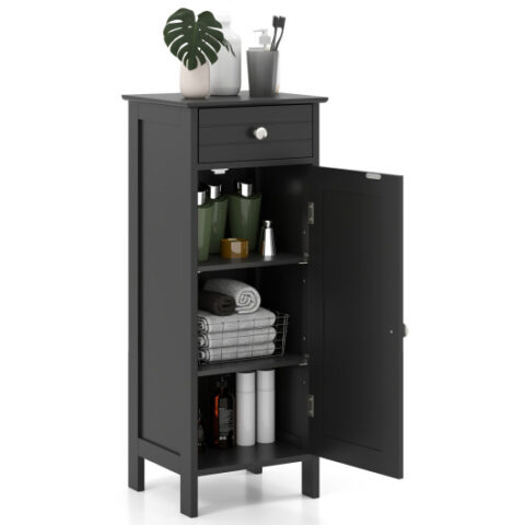 Wooden Storage Free-Standing Floor Cabinet with Drawer and Shelf-Black