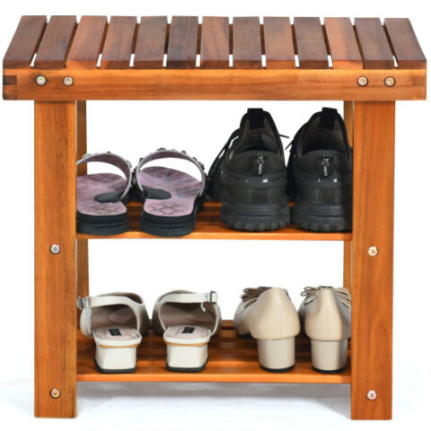 3-Tier Wood Shoe Rack 19′ Shoe Bench Boots Organizer